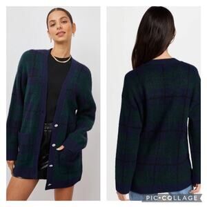 Rails Runi Navy Tartan Plaid Cardigan Wool Blend Crystal Buttons Size Small